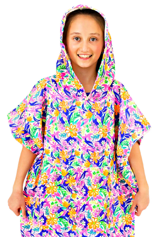 Fluorescent Tropical Print Hooded Towel for Girls and Kids. Matching swimwear available. Cotton Hooded Towels for swimming and the beach. B you Active, Swimwear and Leotards. Activewear for girls.