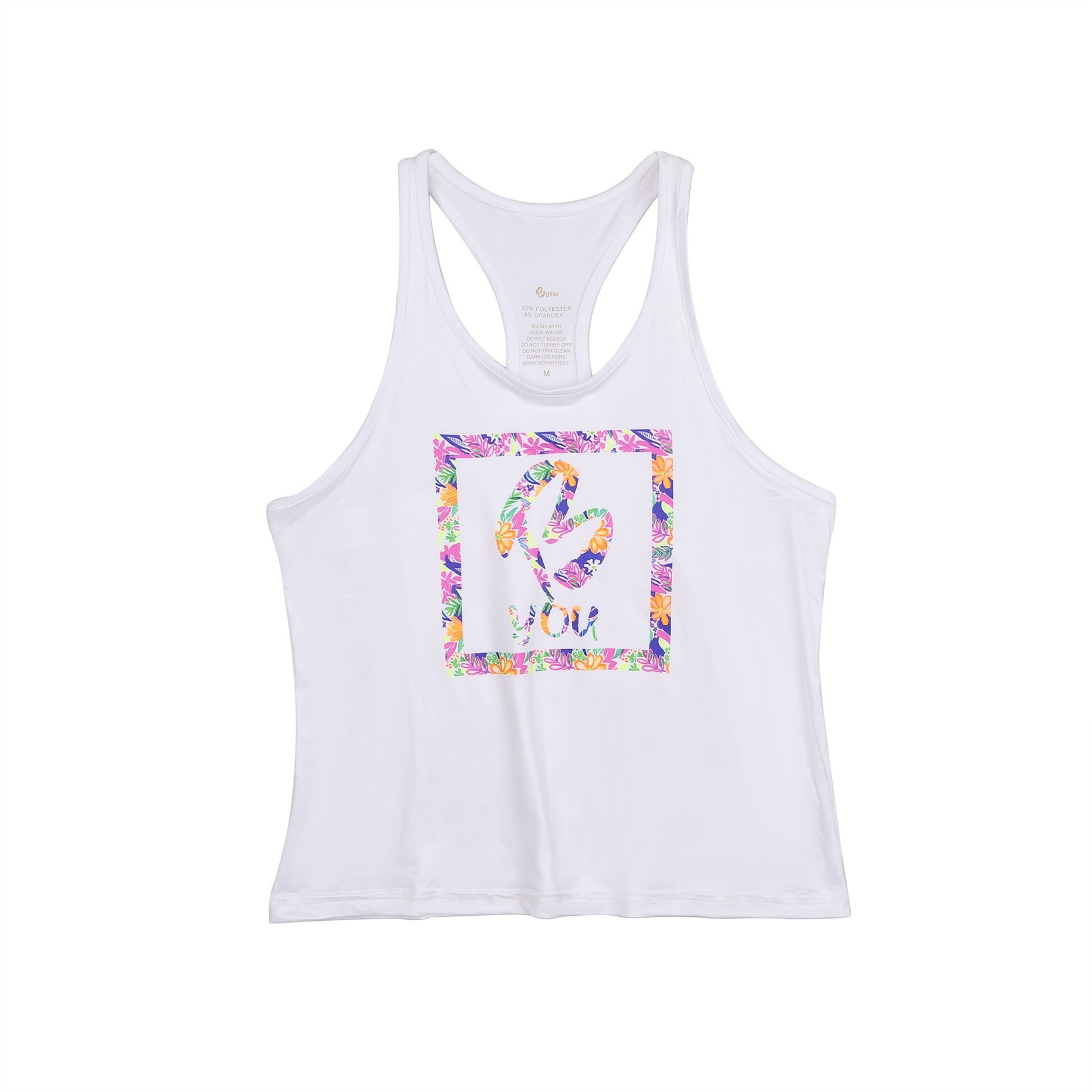 Singlet Top or Tank Top for Girls. Tropical Print with B you Logo on a White Background. Activewear for Girls, Gymnastics wear, girls clothing, leotards. Girls Sports Clothing. B you Active, B you leotards, B you Swimwear.