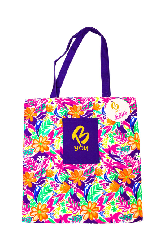 Tropical Canvas Tote Bag. Reversible. Features Green, Purple and Orange Tropical Print. Perfect for Active and Sporty Girls. B you Active, B you Leotards, B you Swimwear for girls. Activewear for kids. Gymnastics and Dancewear. Leotards and Sports.