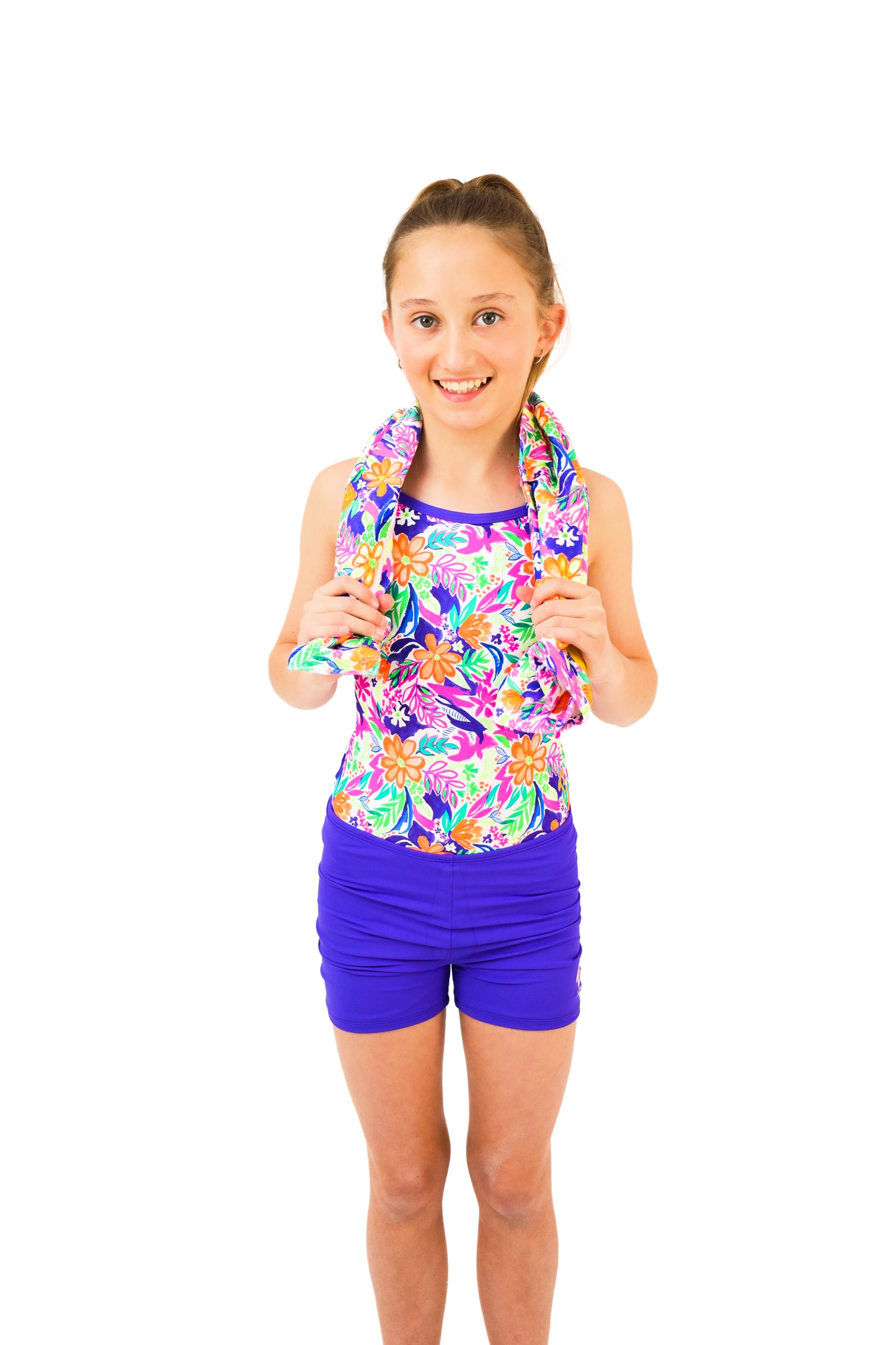 Tropical Print Sweat Towel for Active and Sporty Girls. Gymnastics Wear, Activewear for Girls, Swimwear for girls. Leotards, Swimwear, Swimming, Sports Bra, Girls Clothing by B you active, B you leotards, B you swimwear. 