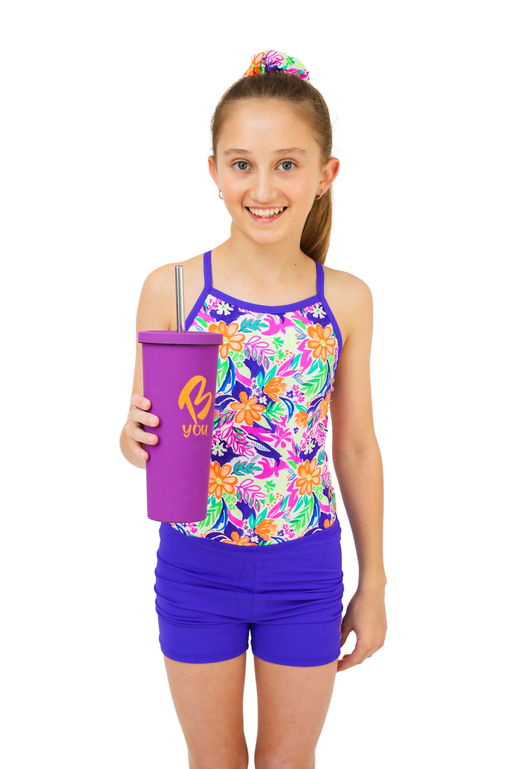 Purple Drink Bottle. Double Walled, Stainless Steel Drink Bottle with Stainless Steel Straw. Keeps Liquid Hot and Cold For 12 Hours. Girls Activewear. B you active, B you leotards, Gymnastics, Swimwear for Girls, Activewear for girls. Sporty Girls Christmas Gift.  