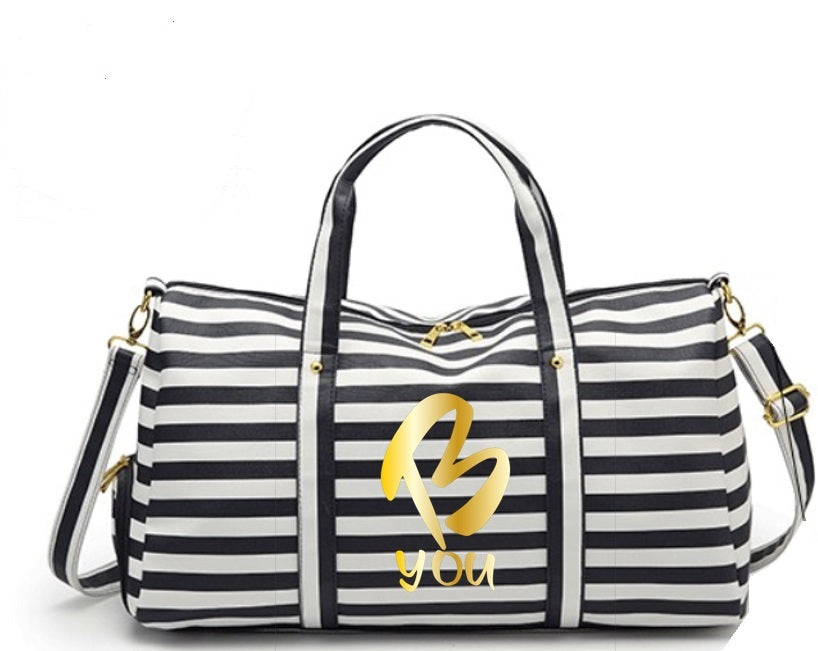 Black and White Striped Overnight Weekender Tote Bag with Gold Zip and detail. Gold Logo Long Strap and Short Strap Gymnastics Bag Athlete Bag
