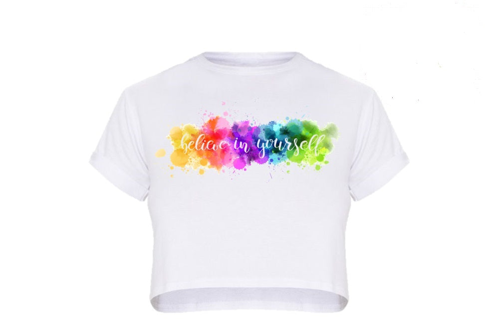 White Cropped T shirt Tee with rainbow Believe in Yourself Gymnastics Leotard Australia, USA, UK, NZ Dance Activewear