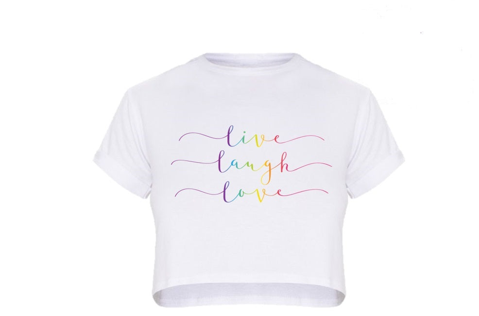 White Cropped T shirt Tee with rainbow writing Live Laugh Love Gymnastics Leotard Australia, USA, UK, NZ Dance Activewear