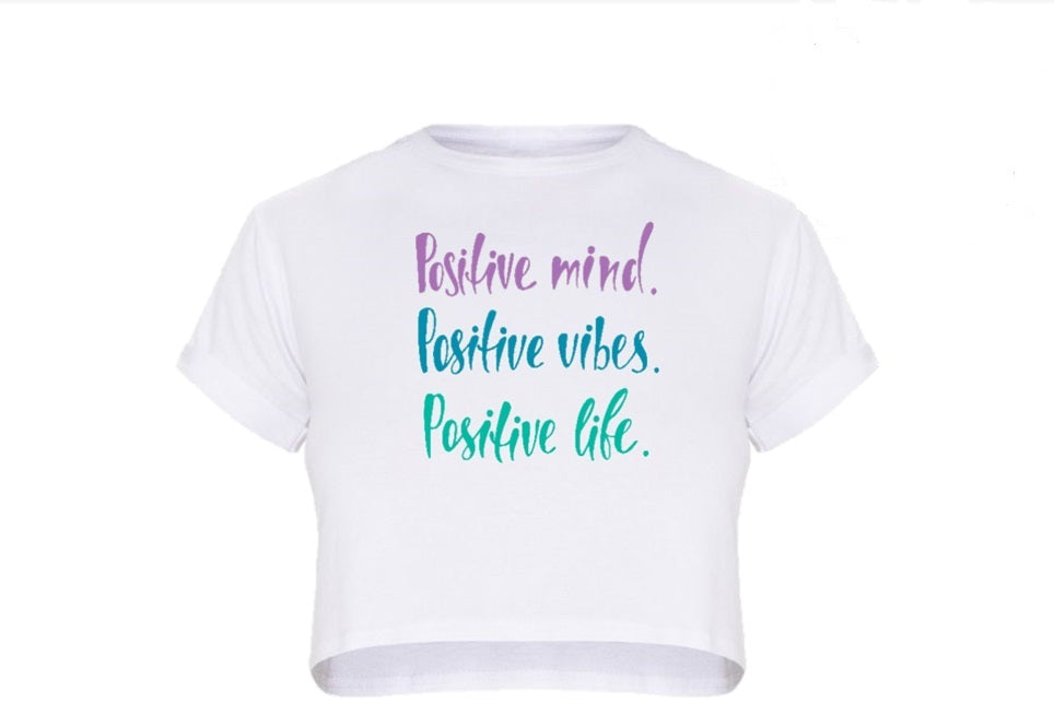 White Cropped T shirt Tee Positive Mind Vibes Life Purple Green Blue Gymnastics Leotard Australia, USA, UK, NZ Dance Activewear