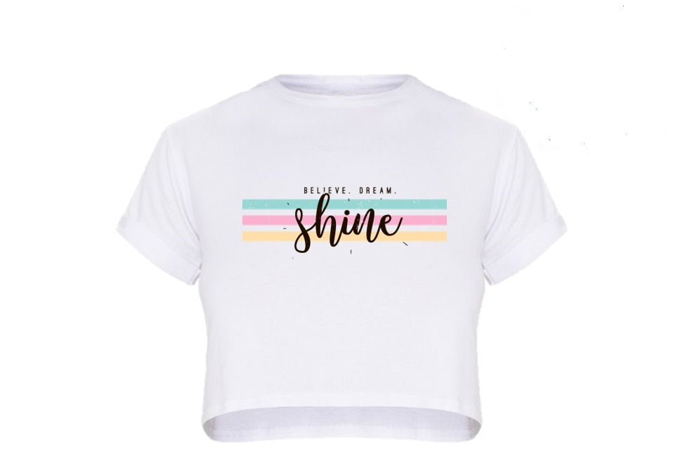 White Cropped T shirt Tee with rainbow Believe Dream Shine stripes Gymnastics Leotard Australia, USA, UK, NZ