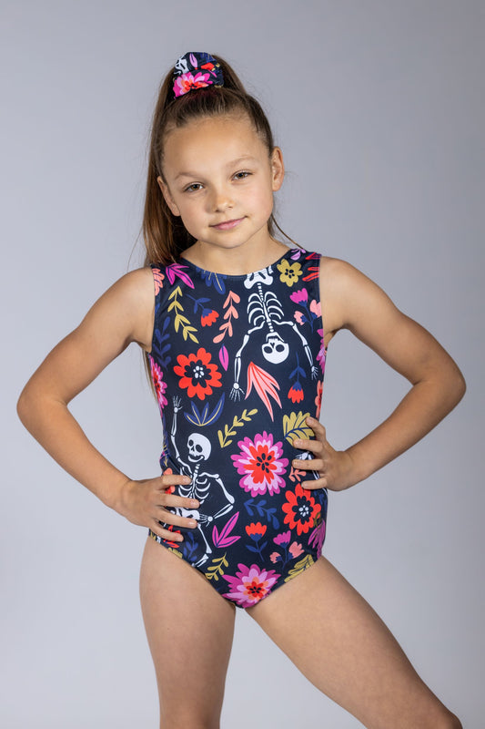 Halloween Gymnastics Leotard Australia UK USA NZ Dance Skeleton Skulls Flowers Black and Pink