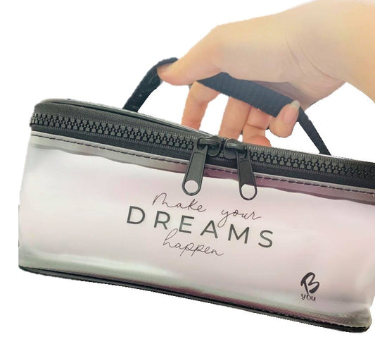 Make your Dreams Happen Gymnastics Cosmetic Toiletry Hair Bag for Travel. Clear bag with Black writing and B you Logo Gymnastics Australia USA UK NZ Dance Leotards Activewear